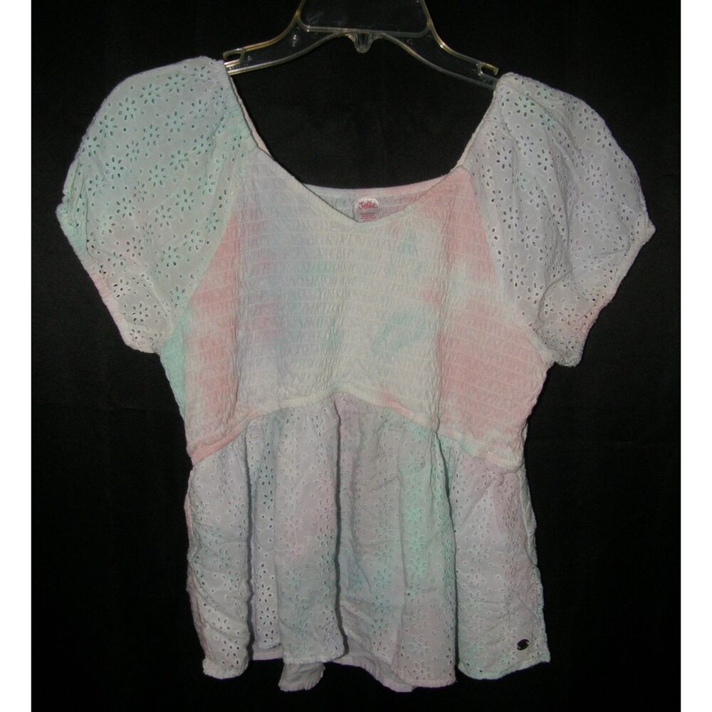 Girls Sz XL Plus (16/18) Cotton Smocked Tie Dye Eyelet Babydoll Shirt JUSTICE